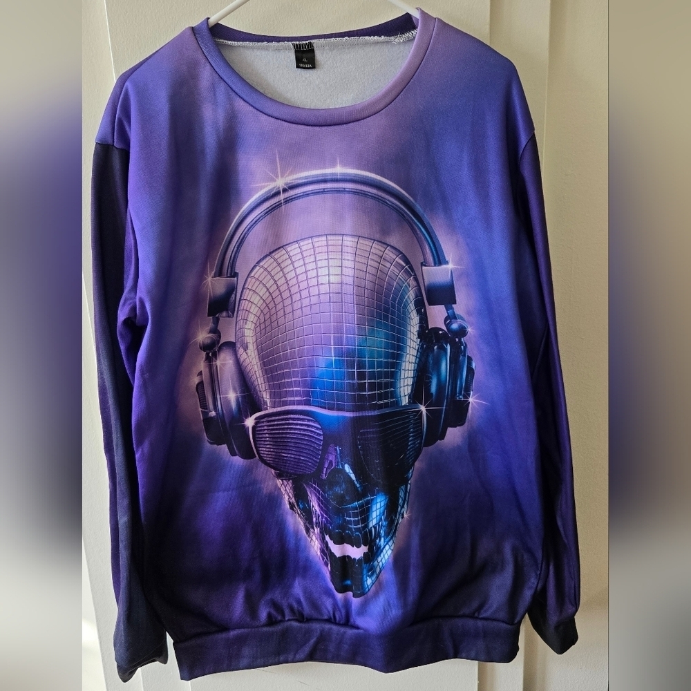 Purple Blue Skull Headphones Sweatshirt NWOT